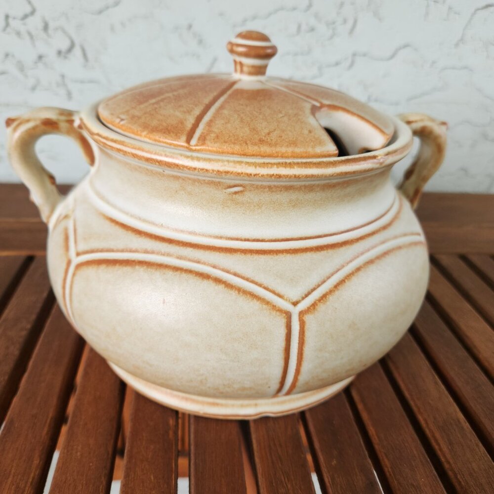 Vintage Canadian Pottery Stoneware Soup Tureen with Lid & Handles, 7" x 9"